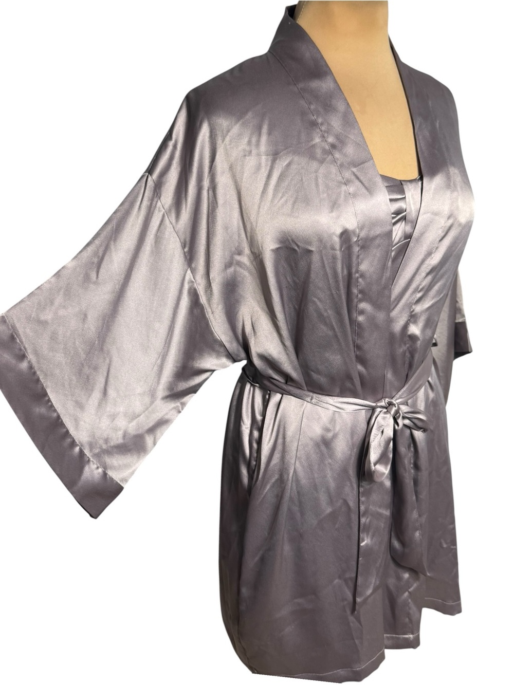 Vintage Victoria’s Secret Angels Satin Slip Dress Robe Set Smoky Pewter Lavender - Picture 8 of 14